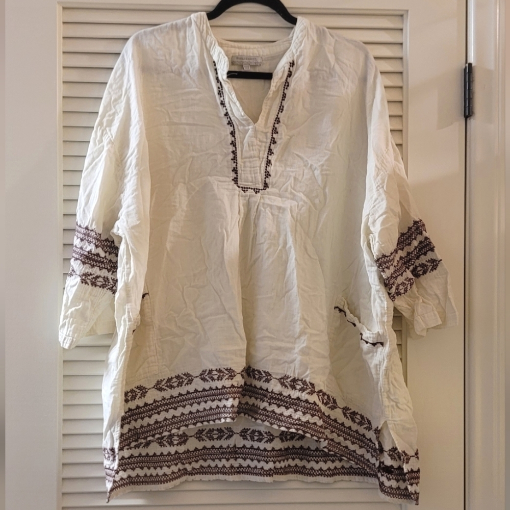 World Market- White & Burgundy Bohemian Embroidered 100% Cotton Top W Pockets